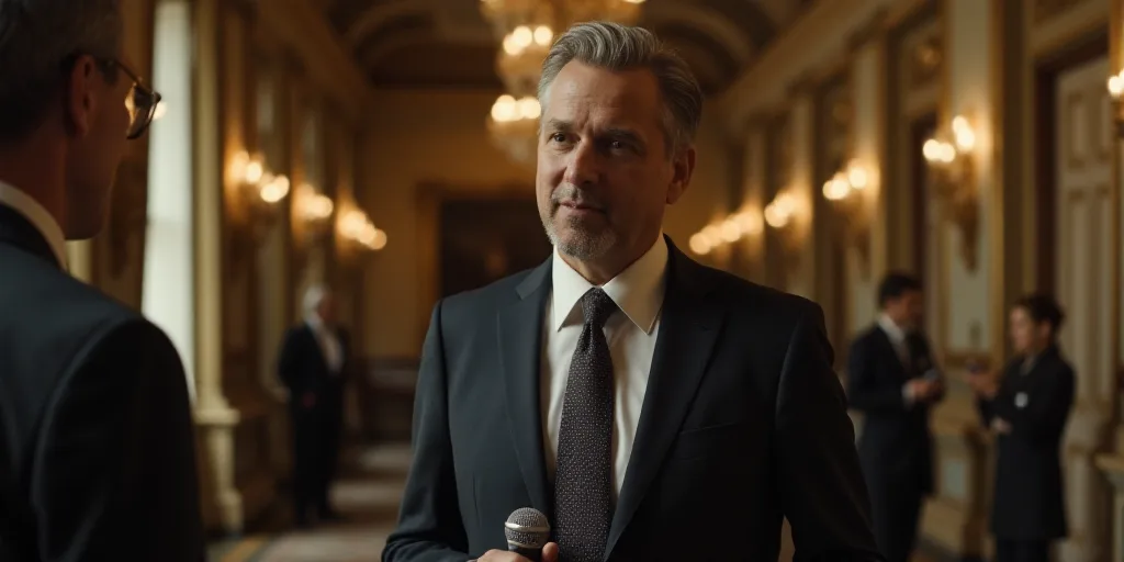 a man in a suit and tie standing in front of a microphone and talking to someone in a hallway, Donal