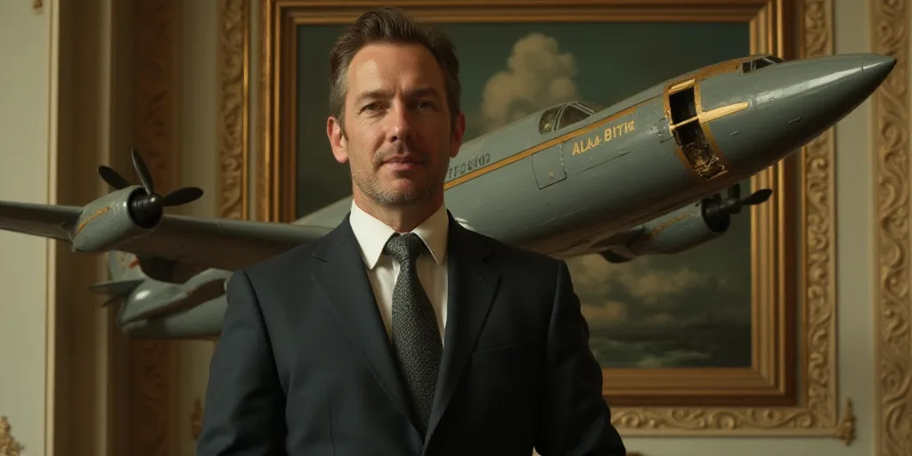 a man in a suit and tie standing in front of a model airplane and a wall with gold decorations, Dona