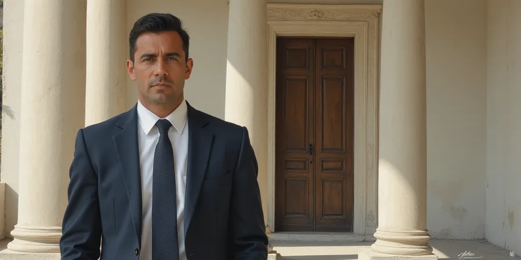 a man in a suit and tie standing in front of a wall with a column in the background and a door in th