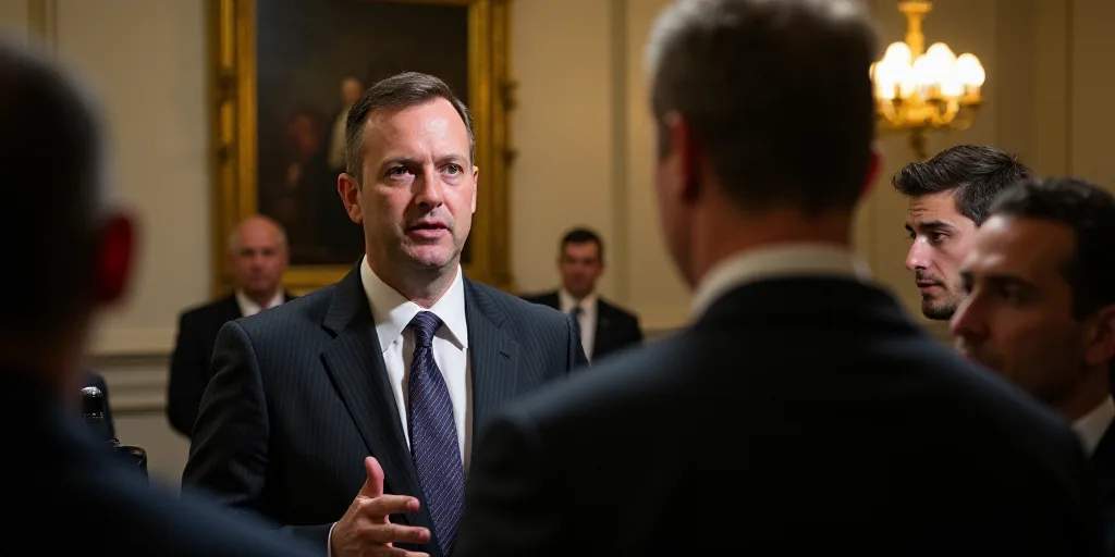 a man in a suit and tie talking to reporters in a building with a door open and a man in a suit and