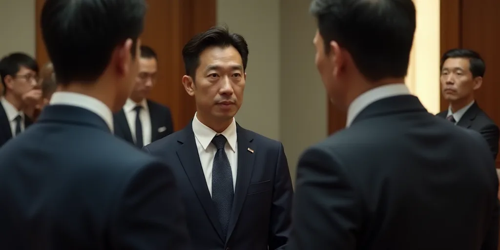 a man in a suit and tie talking to another man in a suit and tie in a room with other men, Chen Lu,