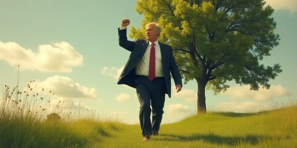 a man in a suit and tie walking in the grass with his fist up in the air and a tree in the backgroun