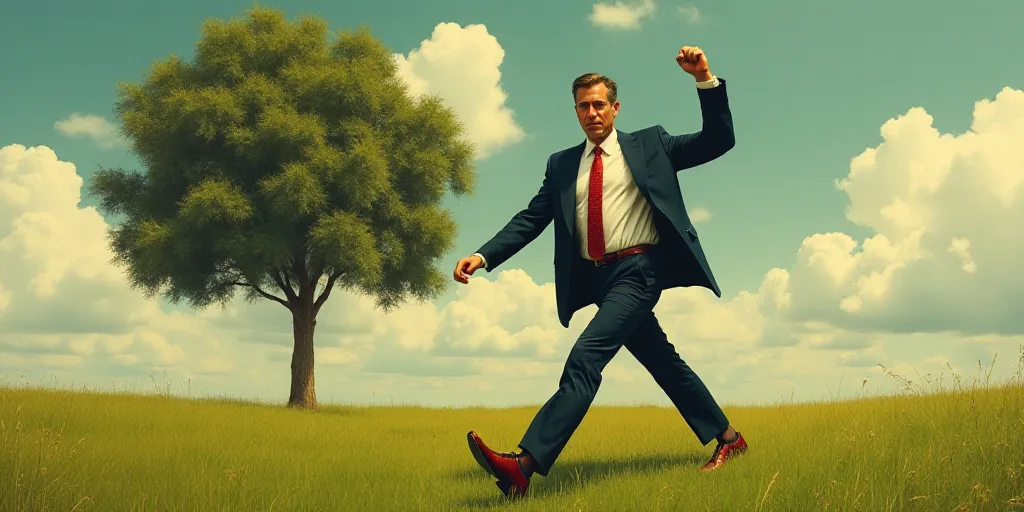 a man in a suit and tie walking in the grass with his fist up in the air and a tree in the backgroun