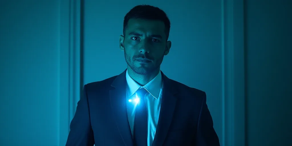 a man in a suit and tie with a blue background and a black and white photo of him and the caption of
