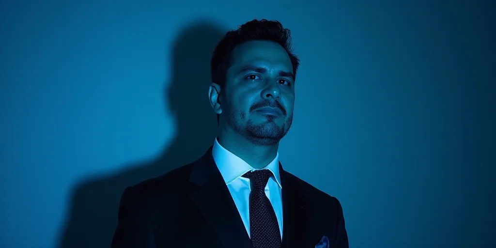 a man in a suit and tie with a blue background and a black and white photo of him and the caption of
