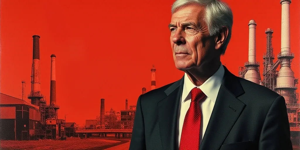 a man in a suit and tie with a red background and a collage of images of a factory, Andries Stock, h