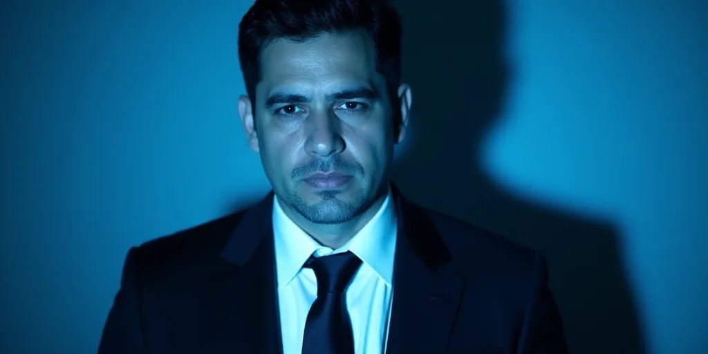 a man in a suit and tie with a blue background and a black and white photo of him and the caption of