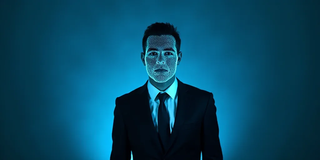 a man in a suit and tie with a blue background and a black and white photo of him and the caption of