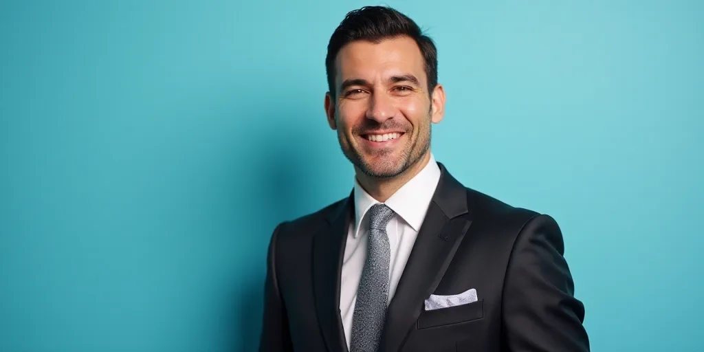 a man in a suit and tie with a blue background and a black and white photo of a man in a suit and ti