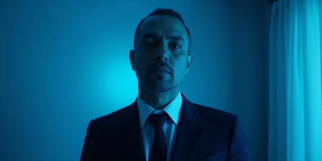a man in a suit and tie with a blue background and a black and white photo of him and the caption of