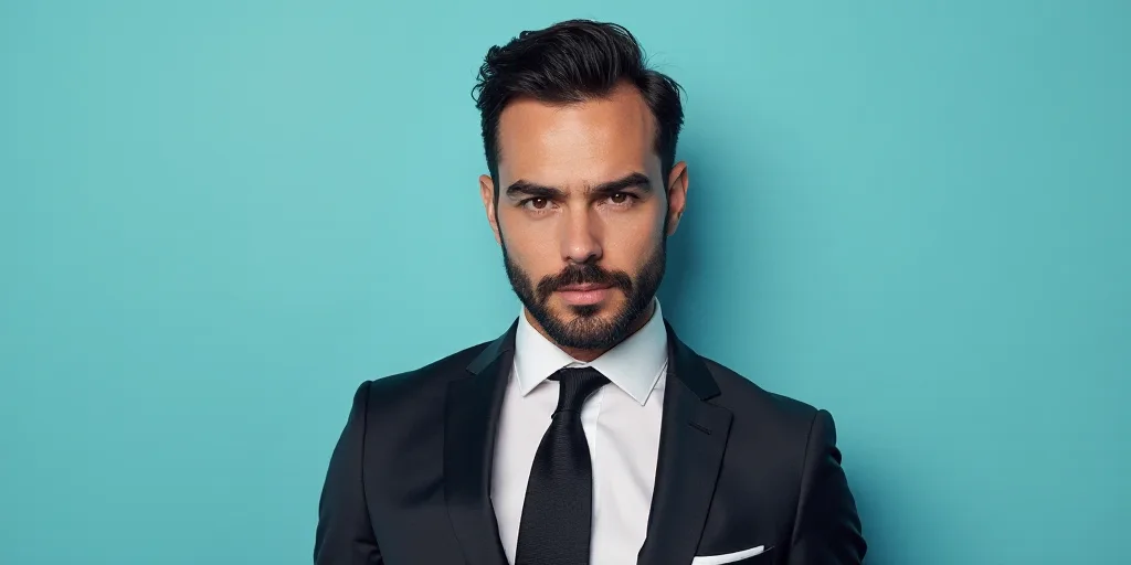 a man in a suit and tie with a blue background and a black and white photo of a man in a suit and ti