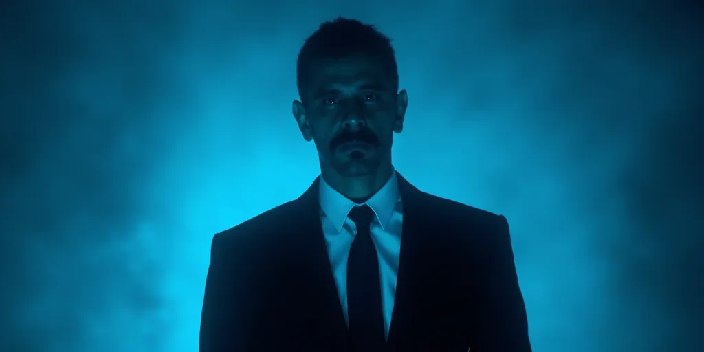a man in a suit and tie with a blue background and a black and white photo of him and the caption of