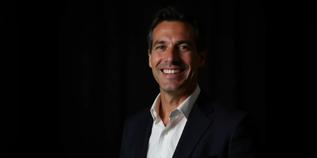 a man in a suit and white shirt smiling for the camera with a black background behind him and a blac