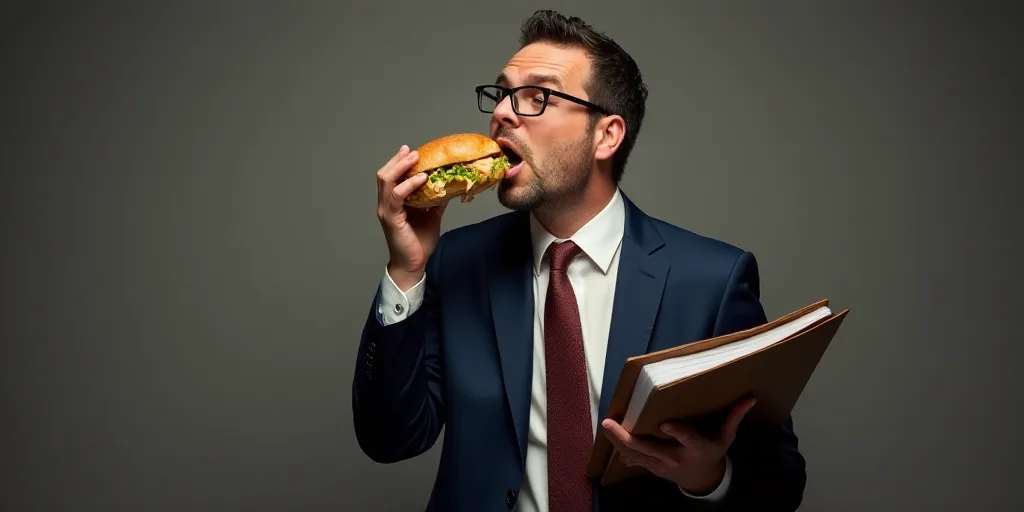 a man in a suit eating a sandwich and holding a binder in his hand and a folder in his other hand, B