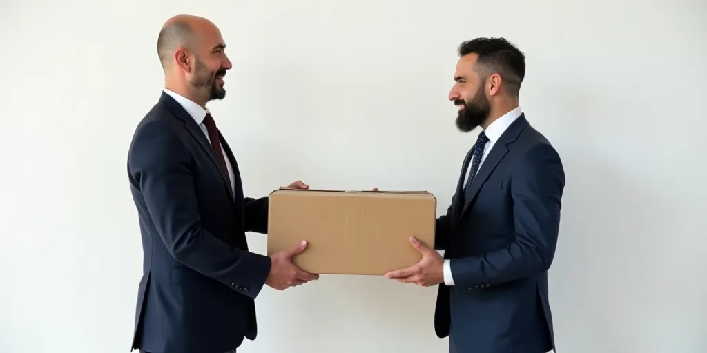 a man in a suit handing a box to a man in a suit and tie in front of a white wall, Enki Bilal, ue 5,