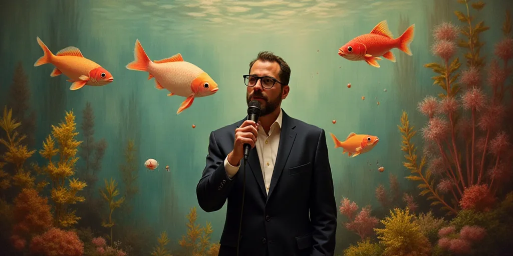 a man in a suit holding a microphone in front of a painting of fish and plants on a wall, Dave Arred