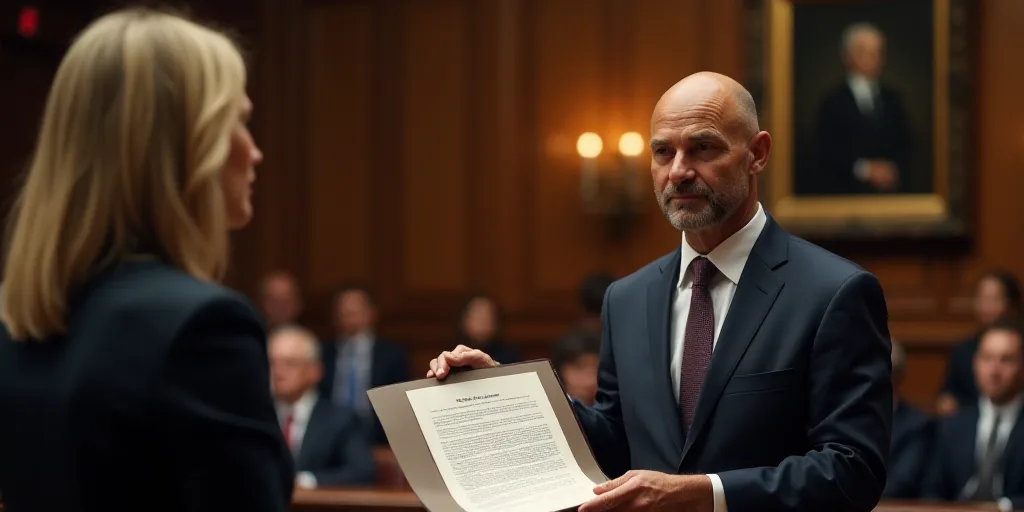 a man in a suit holding a signed document in front of a woman in a suit and tie in a room, Donald Ro