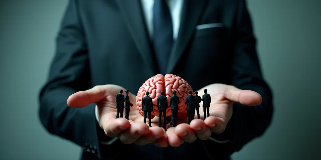 a man in a suit holding a small group of people in front of a brain model in his hands, Andries Stoc