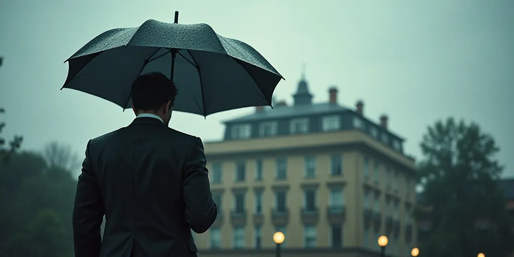 a man in a suit holding an umbrella in the rain outside of a building on a cloudy day with a white s
