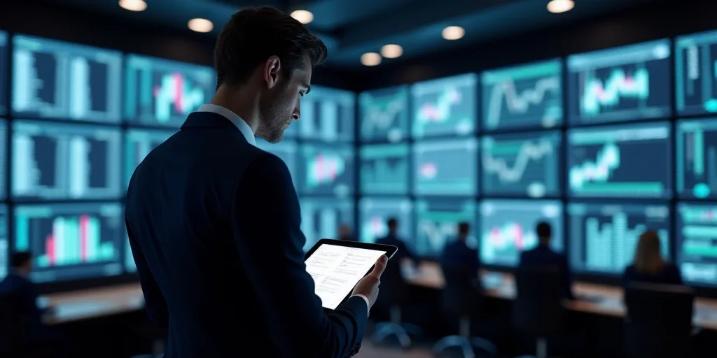 a man in a suit is looking at a tablet in a trading room with multiple screens on the wall, Andries