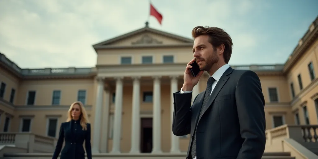 a man in a suit is on his cell phone near a building with a flag on it and a woman is walking up the