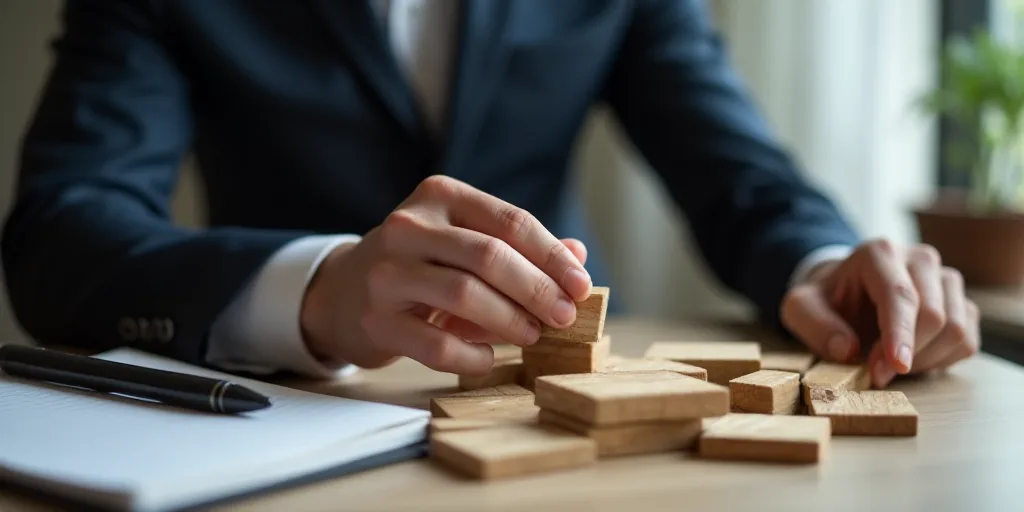 a man in a suit is playing with wooden blocks on a table with a pen and notebook in front of him, An