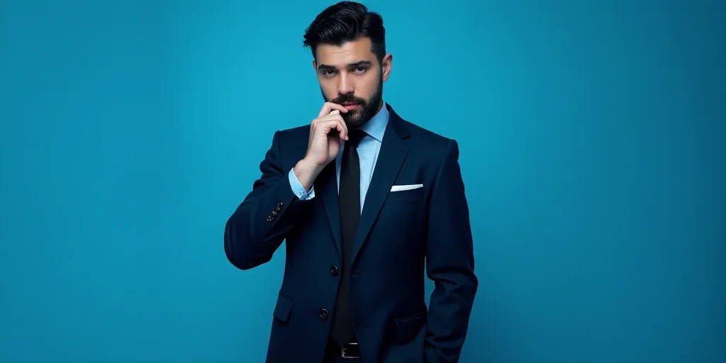 a man in a suit is posing for a picture with his chin resting on his hand, with a blue background, A