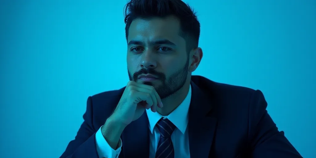 a man in a suit is posing for a picture with his chin resting on his hand, with a blue background, A