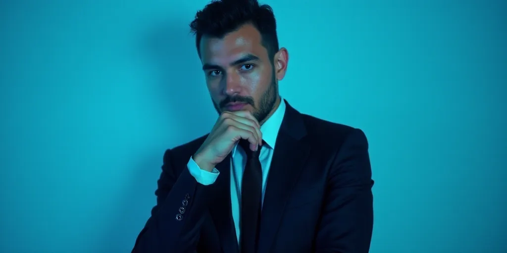 a man in a suit is posing for a picture with his chin resting on his hand, with a blue background, A