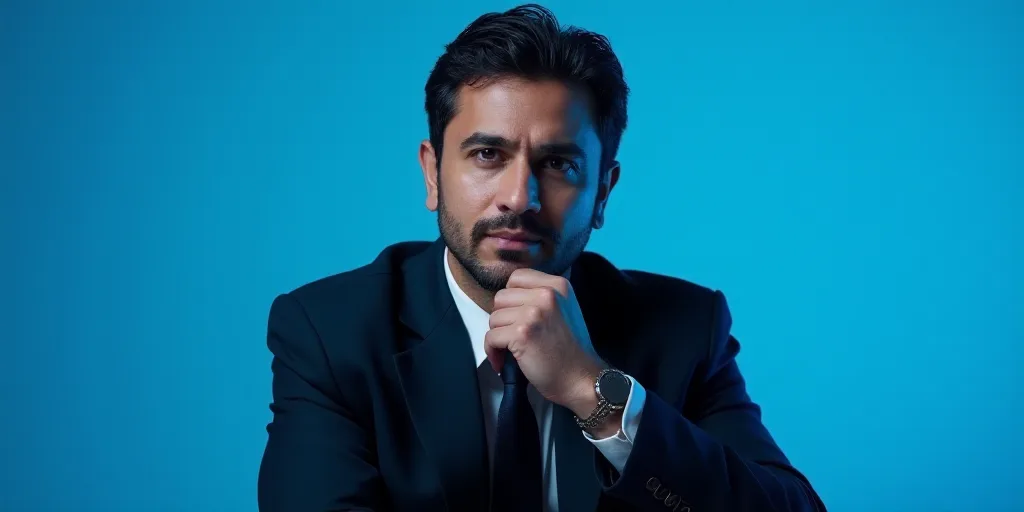 a man in a suit is posing for a picture with his chin resting on his hand, with a blue background, A