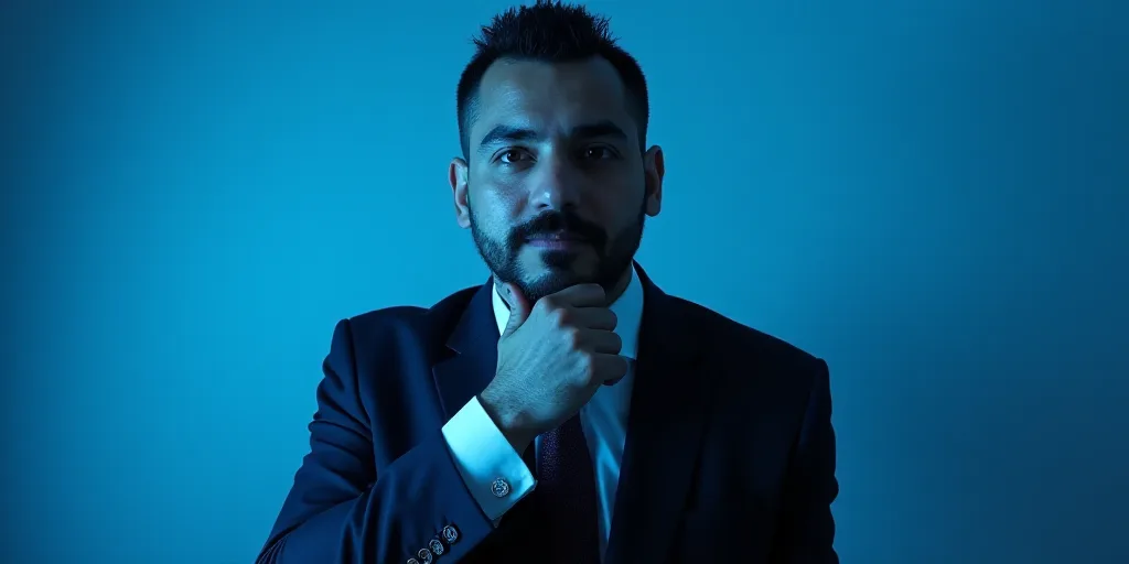 a man in a suit is posing for a picture with his chin resting on his hand, with a blue background, A