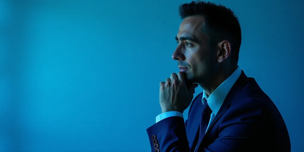 a man in a suit is posing for a picture with his chin resting on his hand, with a blue background, A