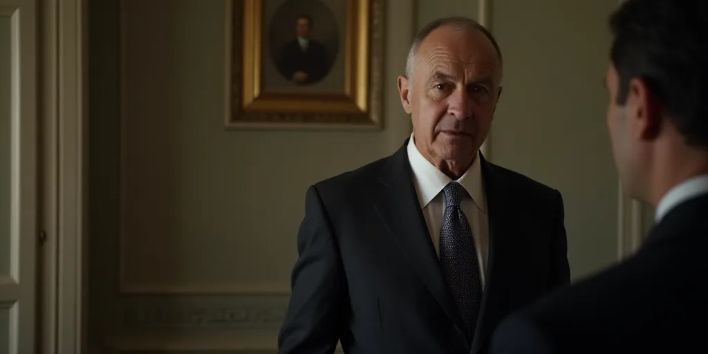 a man in a suit is talking to someone in a room with a door in the background and a picture on the w