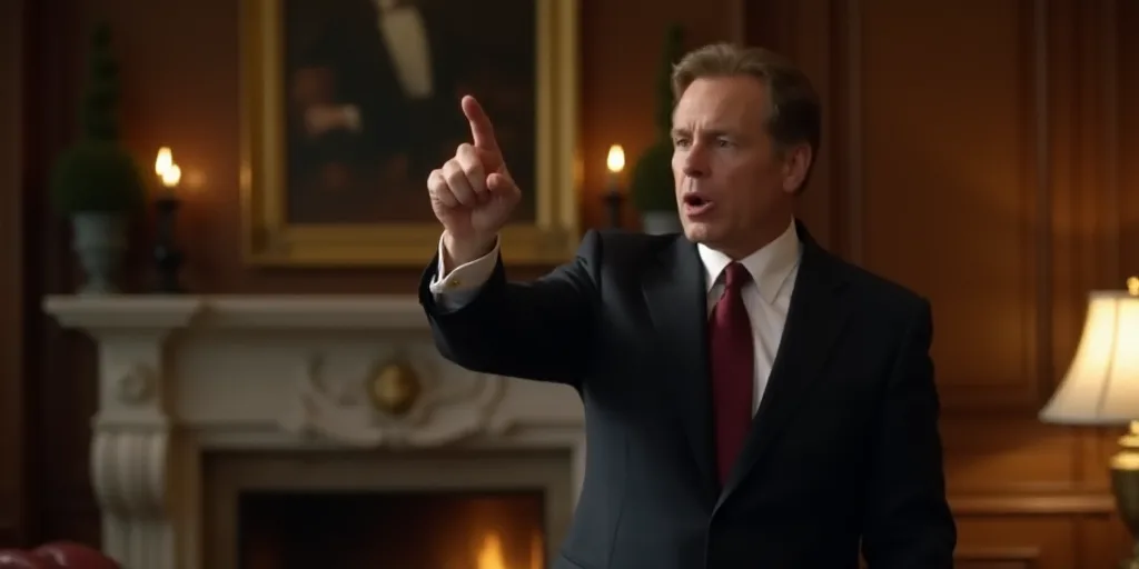 a man in a suit pointing at something with his finger in the air and a fireplace in the background,