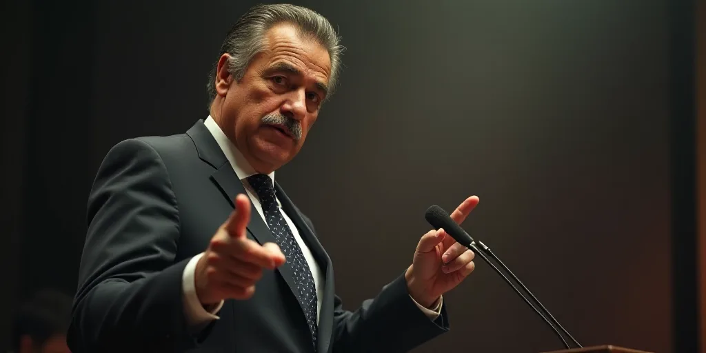 a man in a suit pointing at something with his finger up in front of him and a microphone in the bac