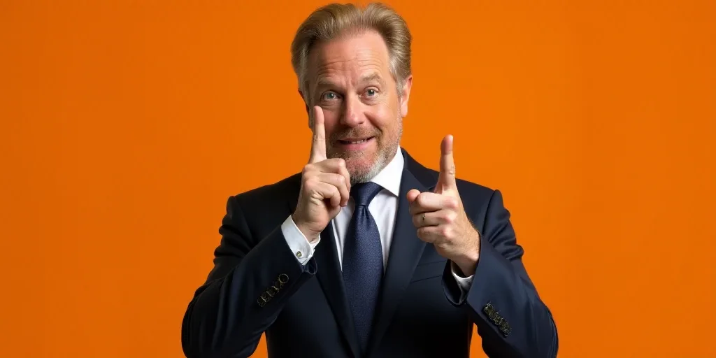 a man in a suit pointing at something with his finger and a hand on his face with a finger, Donald R