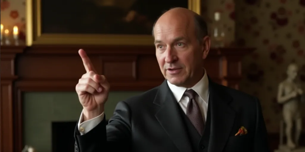 a man in a suit pointing at something with his finger in the air and a fireplace in the background,