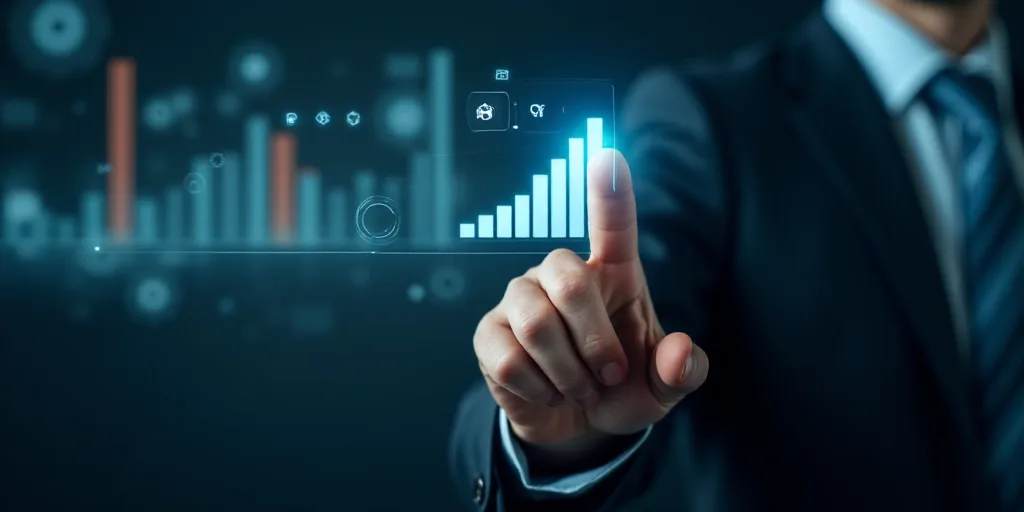 a man in a suit pressing a button on a touch screen with icons above him and a bar chart above the b