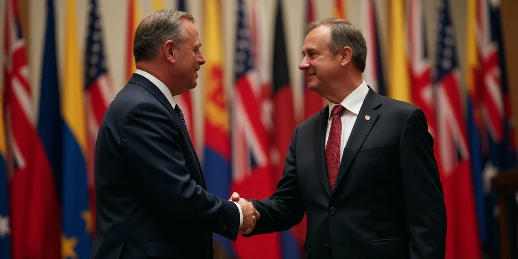 a man in a suit shaking hands with a man in a suit and tie in front of a row of flags, Carl Gustaf P