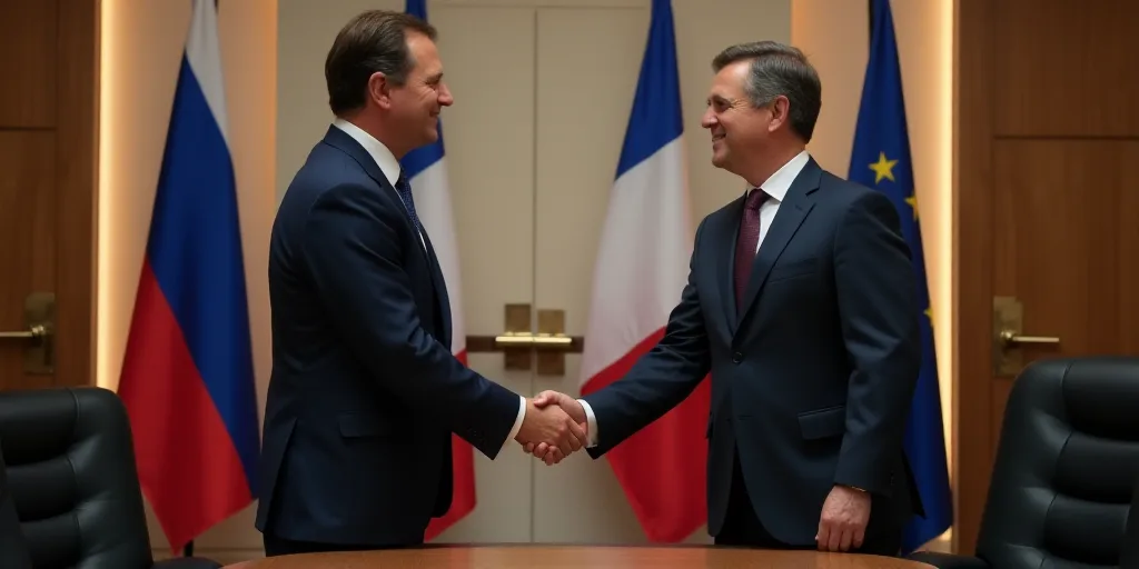 a man in a suit shaking hands with a man in a suit in front of a desk with flags, Chippy, jurgens, a