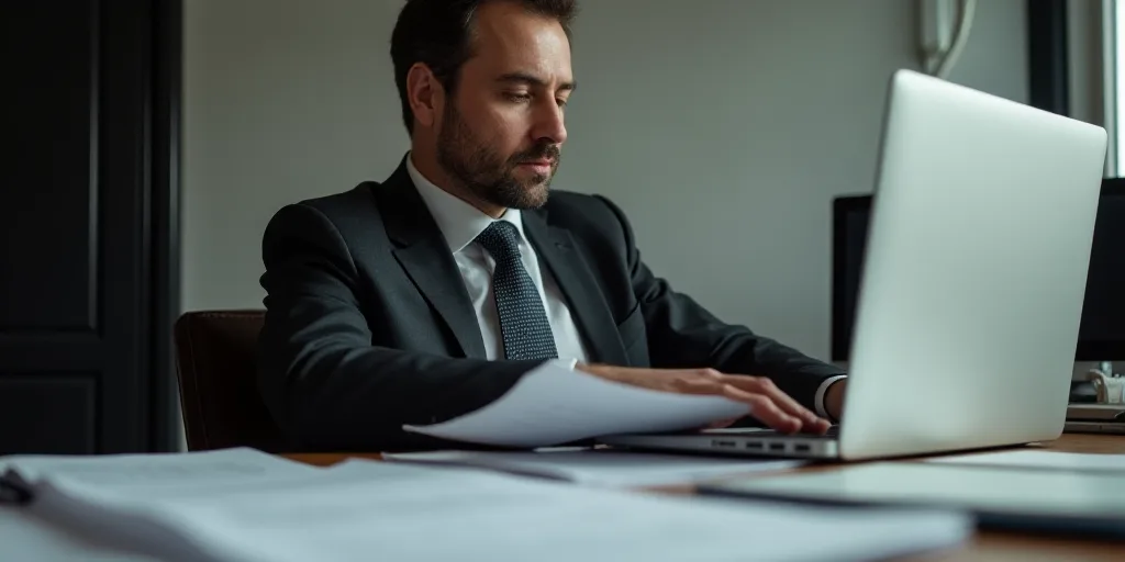 a man in a suit sitting at a desk with a laptop and papers in front of him, reading a paper, Andries