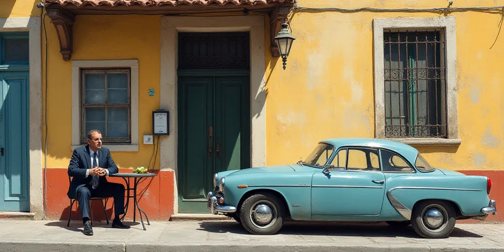 a man in a suit sitting at a table in front of a building and a car parked in front of it, Ceferí O