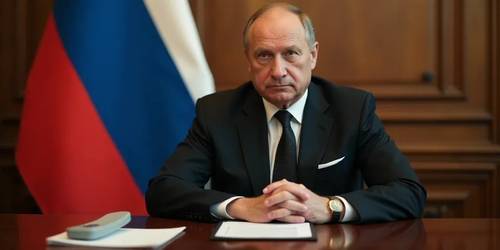 a man in a suit sitting at a table with a phone in his hand and a russian flag in the background, Bo