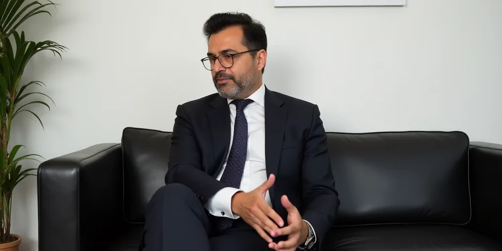 a man in a suit sitting on a couch talking to someone with his hands out to his side and a white wal