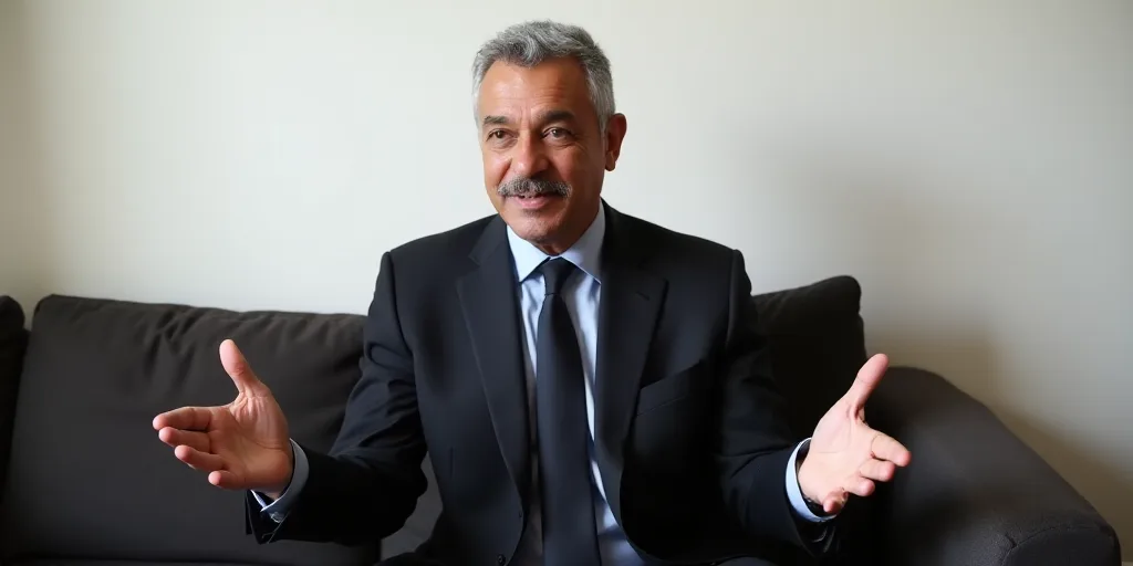 a man in a suit sitting on a couch talking to someone with his hands out to his side and a white wal