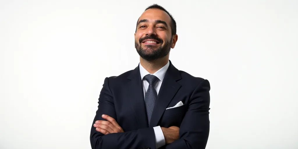 a man in a suit smiling for a picture with his arms crossed and his eyes closed, with a white backgr