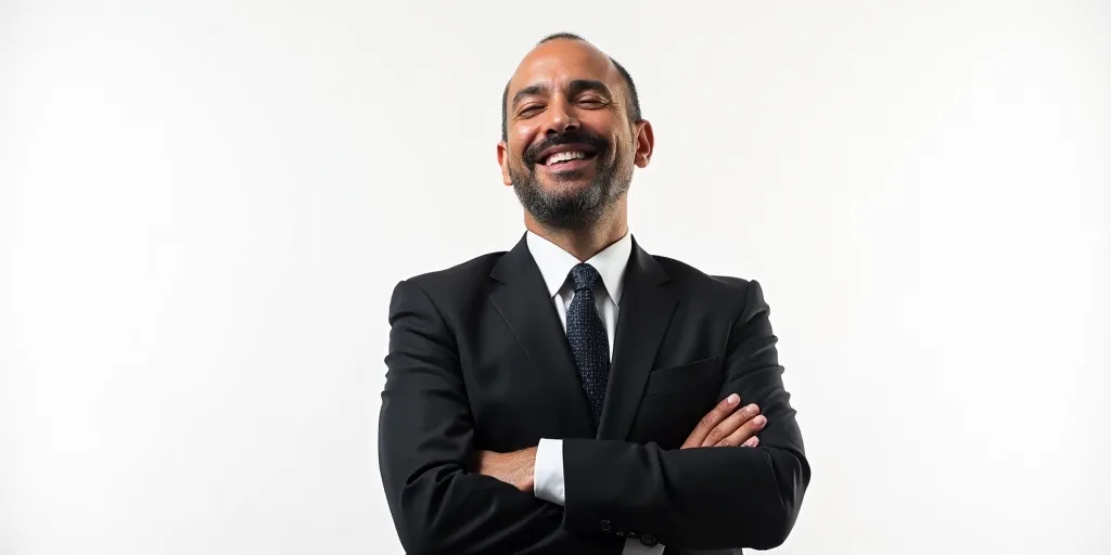 a man in a suit smiling for a picture with his arms crossed and his eyes closed, with a white backgr