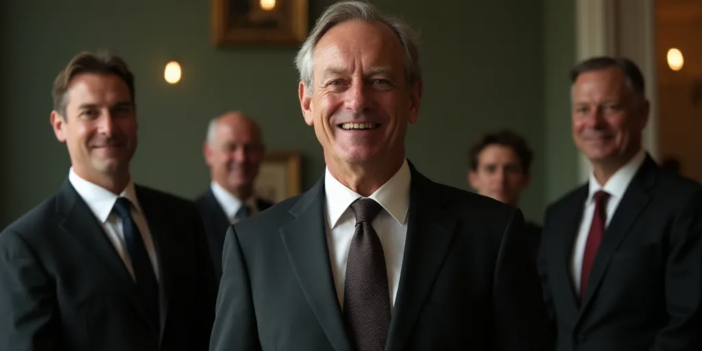 a man in a suit smiling for the camera with other men in the background smiling for the camera with