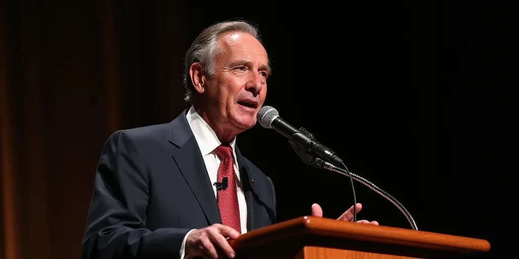 a man in a suit speaking into a microphone at a podium with a microphone in his mouth and a micropho