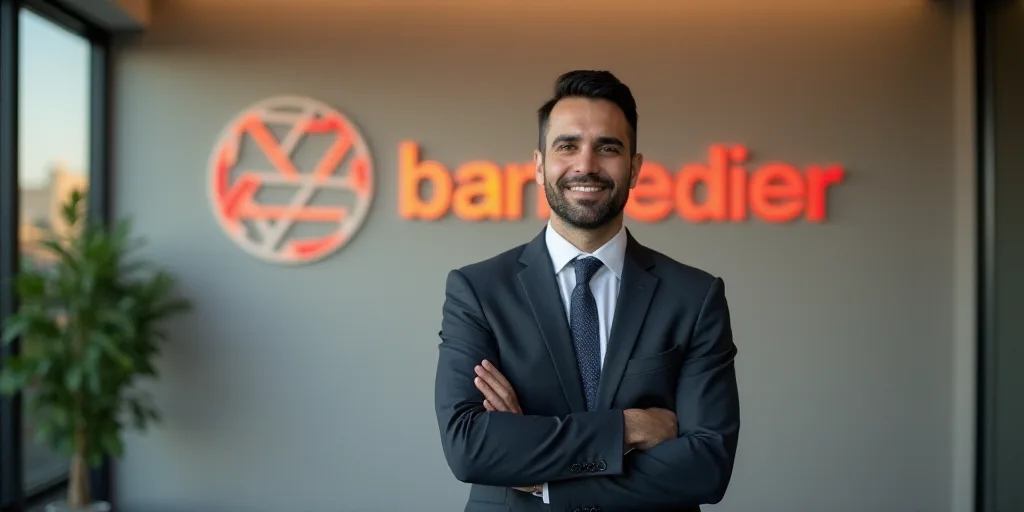 a man in a suit standing in front of a wall with a company logo on it and a smile, Ahmed Yacoubi, ko